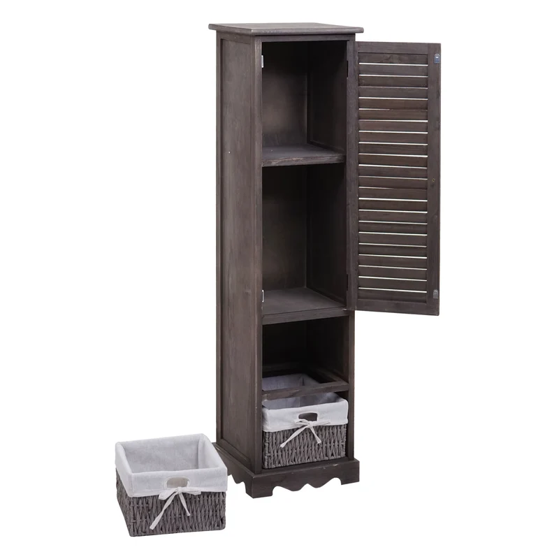 Commode de salle de bain 120x27x29 cm en bois massif style shabby gris-brun 1 porte et 2 paniers 04_0010383