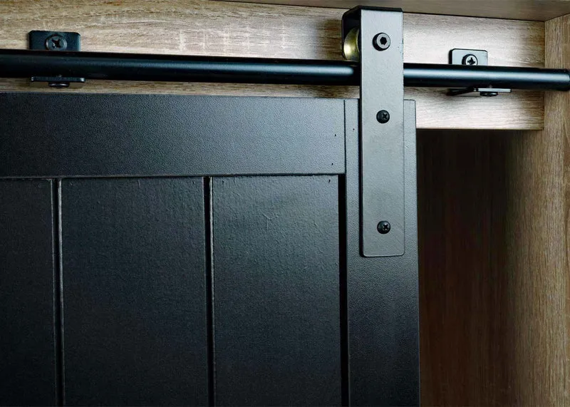 Buffet 150 cm aspect bois naturel style industriel métal porte coulissante 7 compartiments de rangement 04_0010279