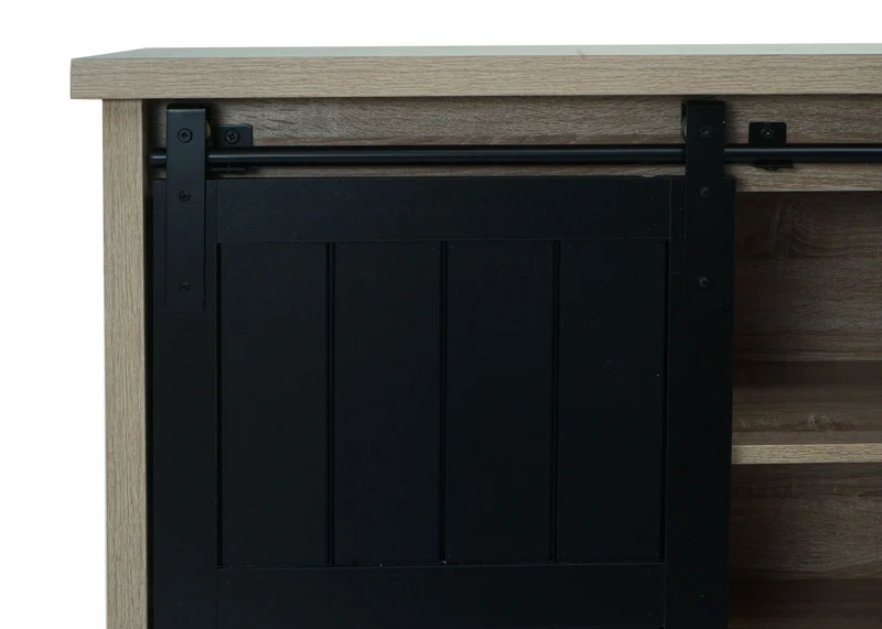 Buffet 150 cm aspect bois naturel style industriel métal porte coulissante 7 compartiments de rangement 04_0010279