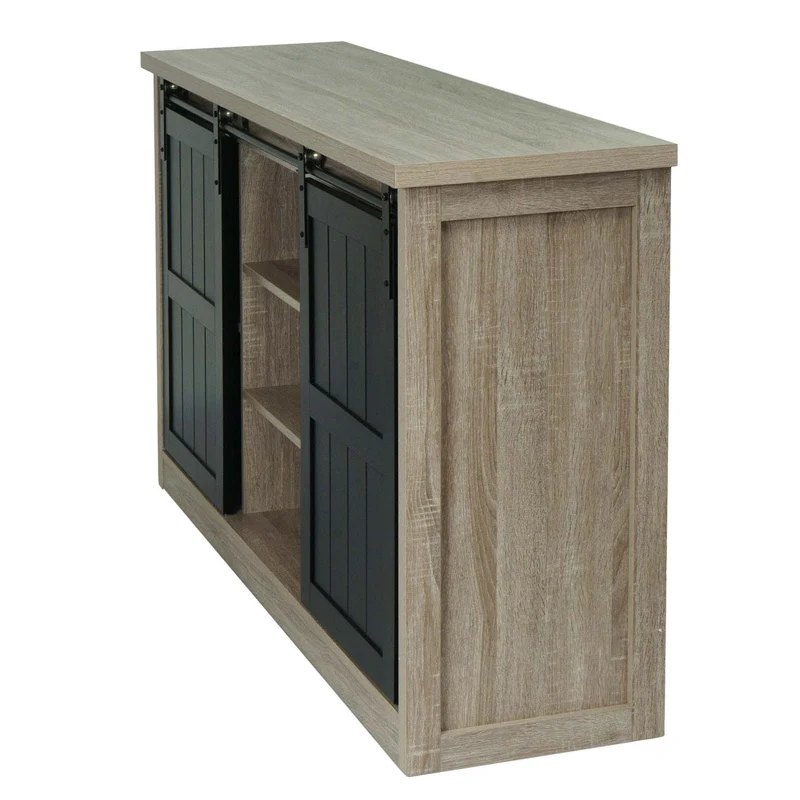 Buffet 150 cm aspect bois naturel style industriel métal porte coulissante 7 compartiments de rangement 04_0010279
