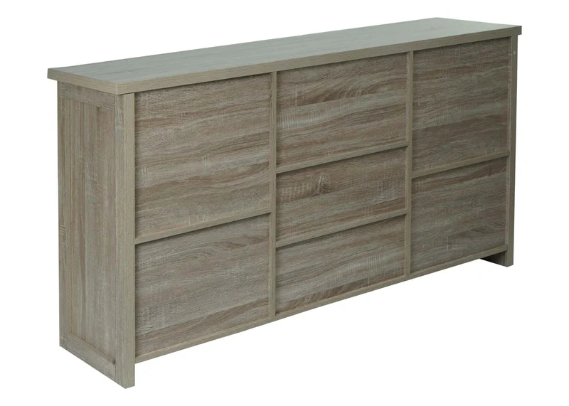 Buffet 150 cm aspect bois naturel style industriel métal porte coulissante 7 compartiments de rangement 04_0010279