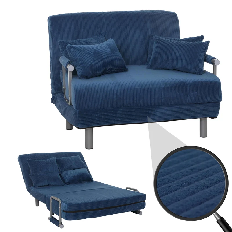 Fauteuil convertible canapé-lit avec accoudoirs rabattables couchage 190x100 cm en tissu velours côtelé bleu 04_0010008
