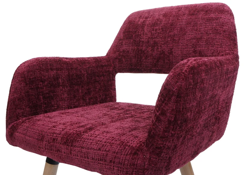 Chaise de salle à manger rembourrée avec accoudoirs en tissu chenille bordeaux pieds en bois de hêtre 04_0009842