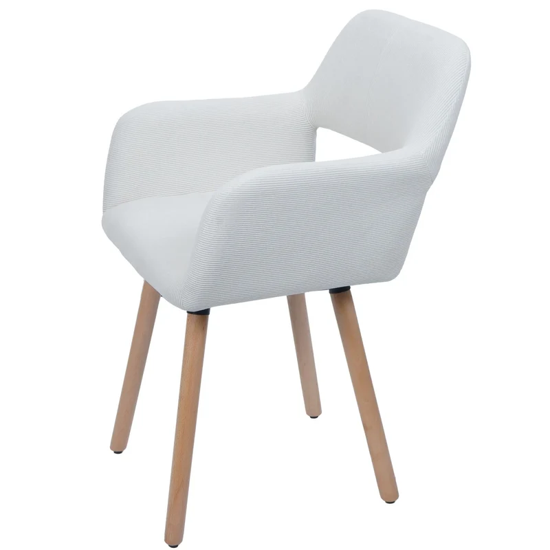 Chaise de salle à manger avec accoudoirs 80x56x53 cm en tissu velours côtelé crème pieds bois hêtre 04_0009835