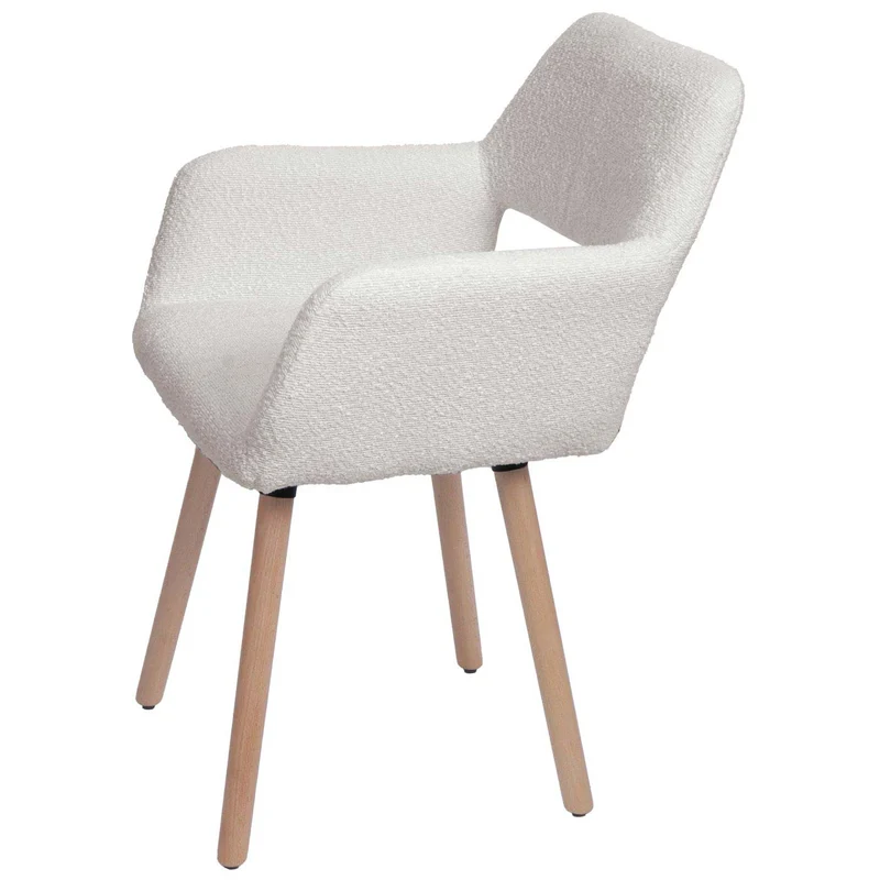 Chaise de salle à manger avec accoudoirs en tissu bouclé crème pieds en bois 04_0009862