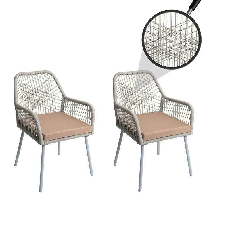 Lot de 2 chaises de jardin motif graphique aéré en aluminium gris corde tressée et coussins taupe inclus 04_0009693