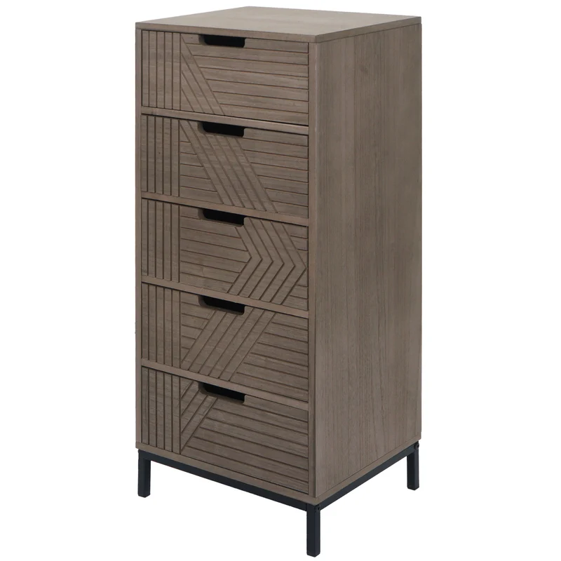 Commode meuble de rangement 5 tiroirs design 3D 84x35x29 cm en bois marron-gris et métal 04_0009740