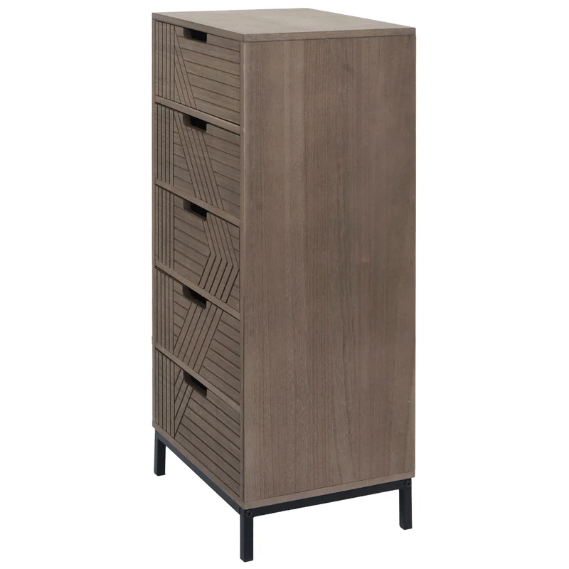 Commode meuble de rangement 5 tiroirs design 3D 84x35x29 cm en bois marron-gris et métal 04_0009740