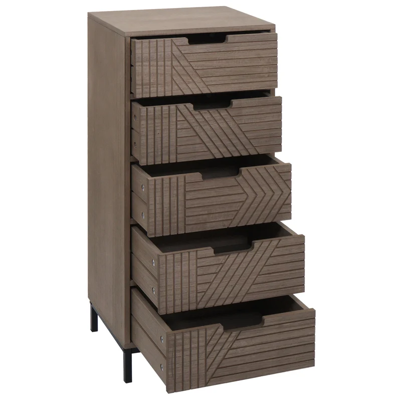 Commode meuble de rangement 5 tiroirs design 3D 84x35x29 cm en bois marron-gris et métal 04_0009740