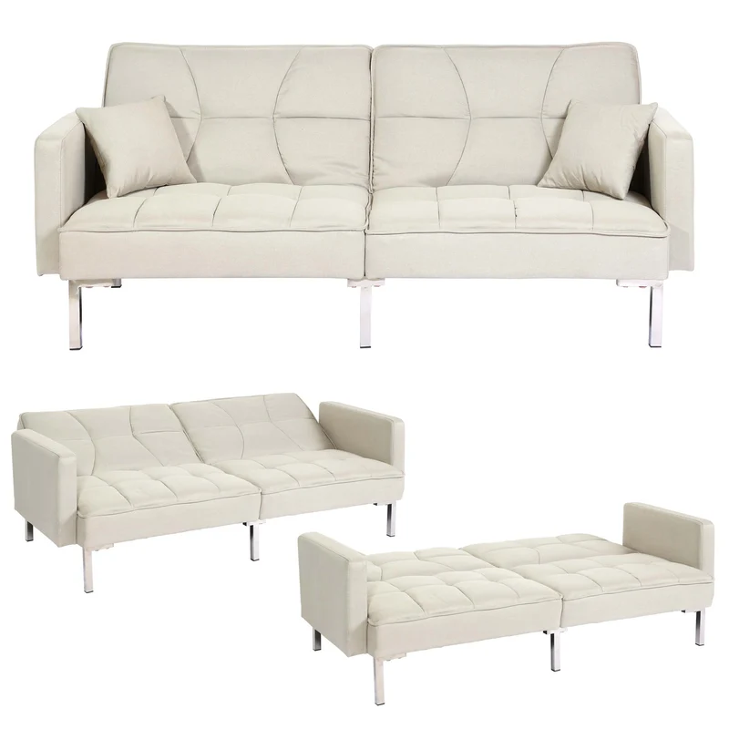 Canapé-lit convertible avec fonction couchage dossier réglable tissu lin et bois surface de couchage 170x104 cm crème beige 04_0010168