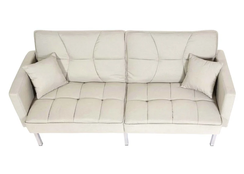 Canapé-lit convertible avec fonction couchage dossier réglable tissu lin et bois surface de couchage 170x104 cm crème beige 04_0010168