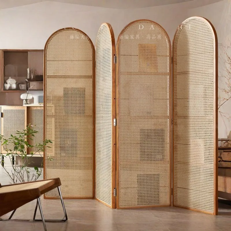 Contemporary Retro PVC Rattan Pine Wood Finish Movable Corner Shelf Unit Foldable 2/3/4-Panel Room Divider Storage Shelves For Living Room