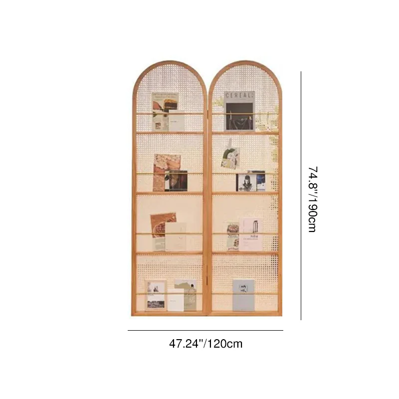 Contemporary Retro PVC Rattan Pine Wood Finish Movable Corner Shelf Unit Foldable 2/3/4-Panel Room Divider Storage Shelves For Living Room