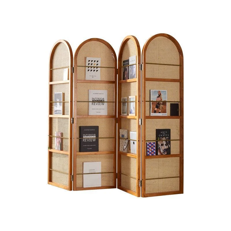 Contemporary Retro PVC Rattan Pine Wood Finish Movable Corner Shelf Unit Foldable 2/3/4-Panel Room Divider Storage Shelves For Living Room