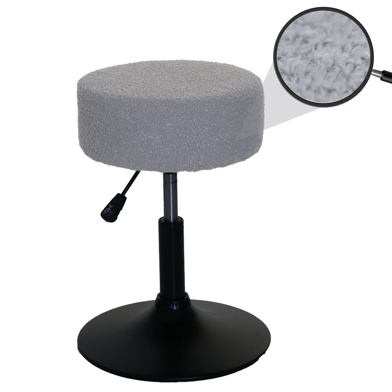 Tabouret siège de maquillage Ø 37 cm pivotant réglable en hauteur tissu bouclé gris clair et acier 04_0009937