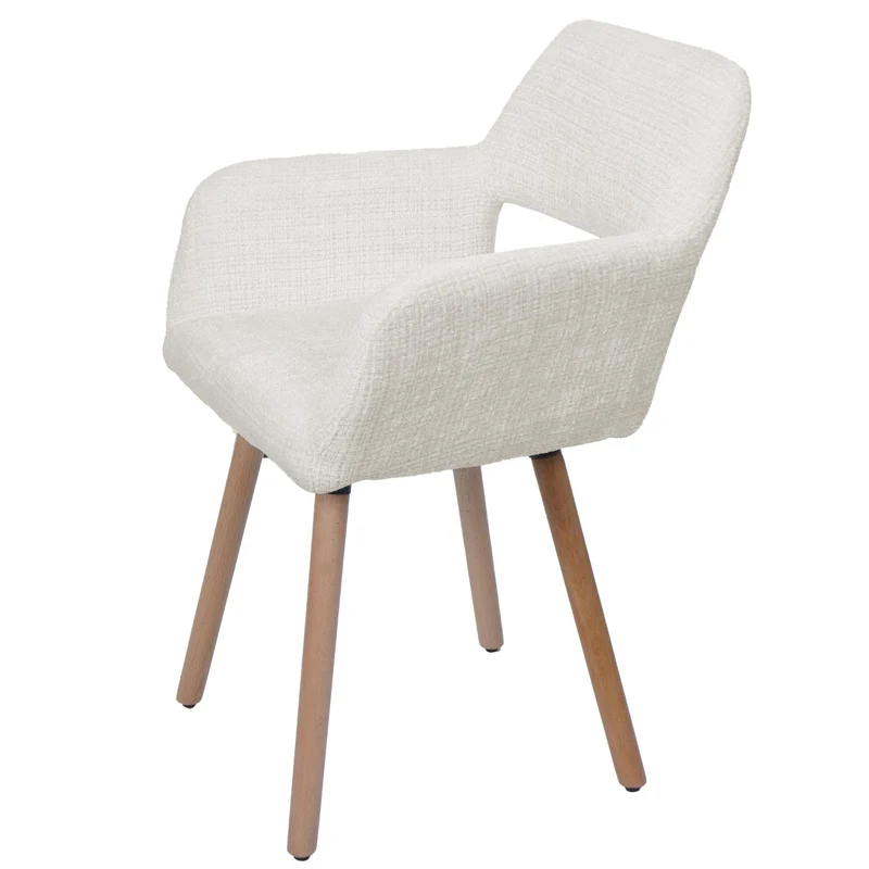 Chaise de salle à manger rembourrée avec accoudoirs en tissu chenille crème pieds en bois de hêtre 04_0009843
