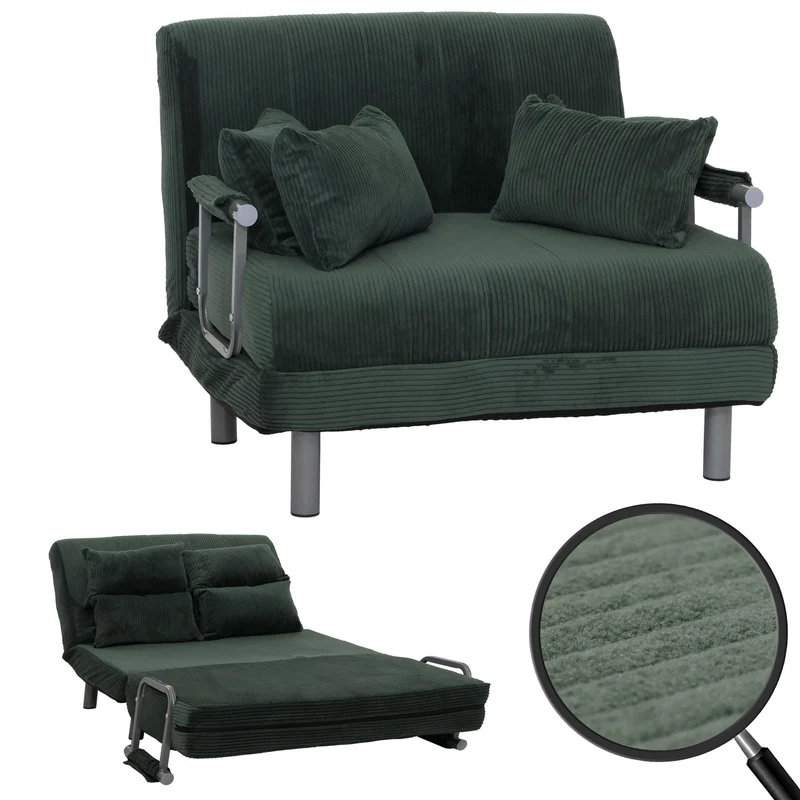 Fauteuil convertible canapé-lit avec accoudoirs rabattables couchage 190x100 cm en tissu velours côtelé vert 04_0010009