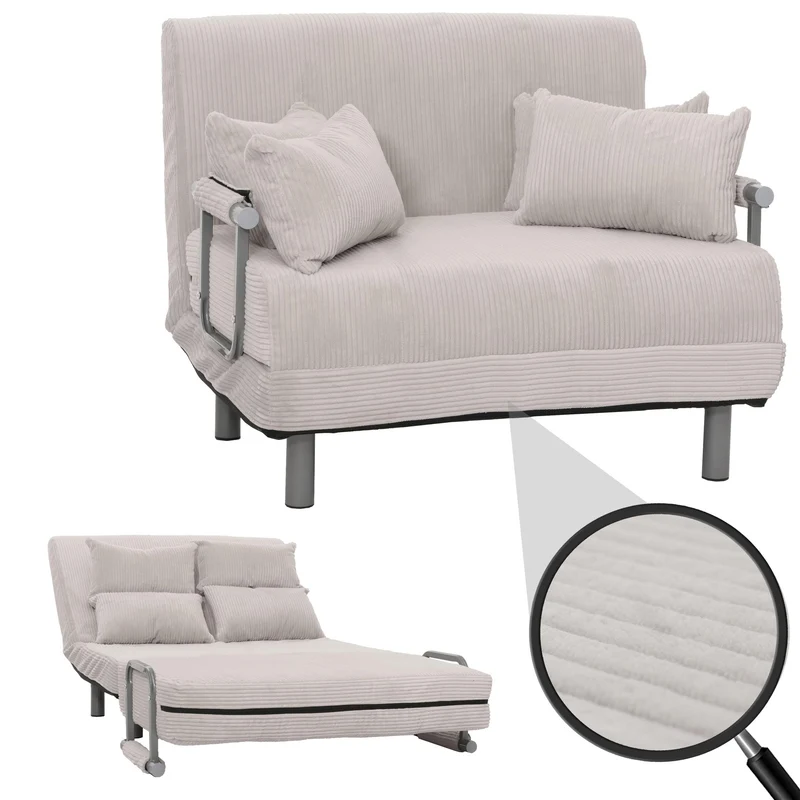 Fauteuil convertible canapé-lit avec accoudoirs rabattables couchage 190x100 cm en tissu velours côtelé gris clair 04_0010011