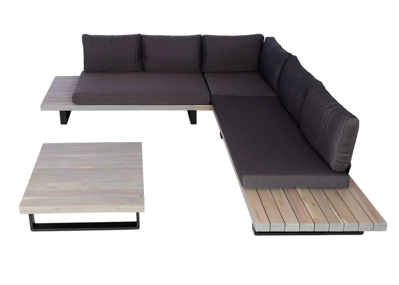 Salon de jardin ensemble lounge 5 places 255x255 cm aluminium et bois d’acacia avec coussins gris 04_0010291