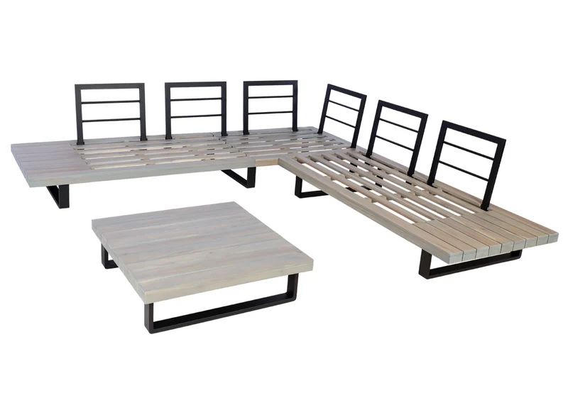 Salon de jardin ensemble lounge 5 places 255x255 cm aluminium et bois d’acacia avec coussins gris 04_0010291