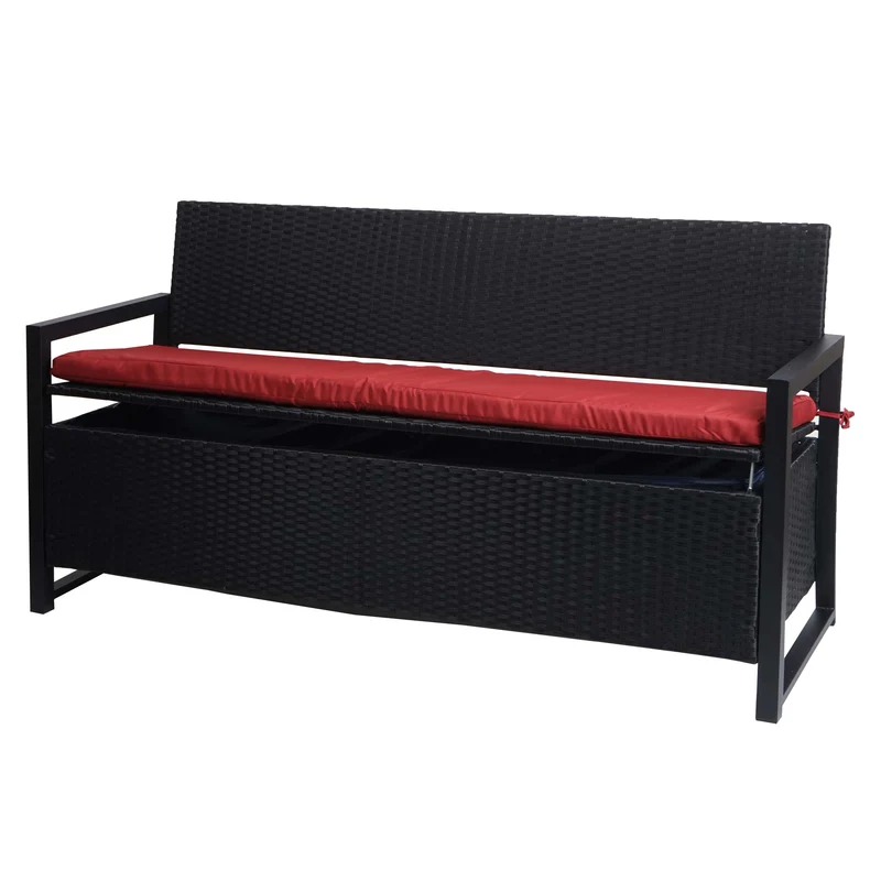Banc de jardin coffre 3 places avec rangement en poly-rotin anthracite et coussin bordeaux 04_0010315