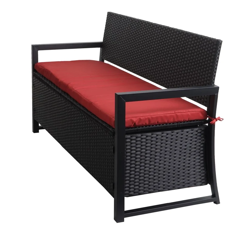 Banc de jardin coffre 3 places avec rangement en poly-rotin anthracite et coussin bordeaux 04_0010315