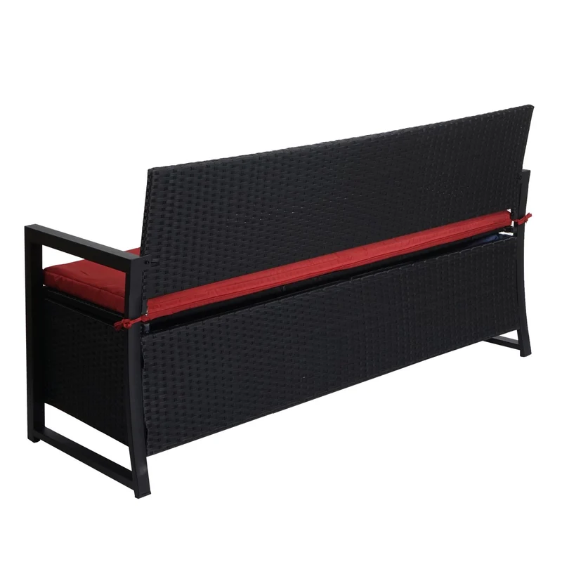 Banc de jardin coffre 3 places avec rangement en poly-rotin anthracite et coussin bordeaux 04_0010315