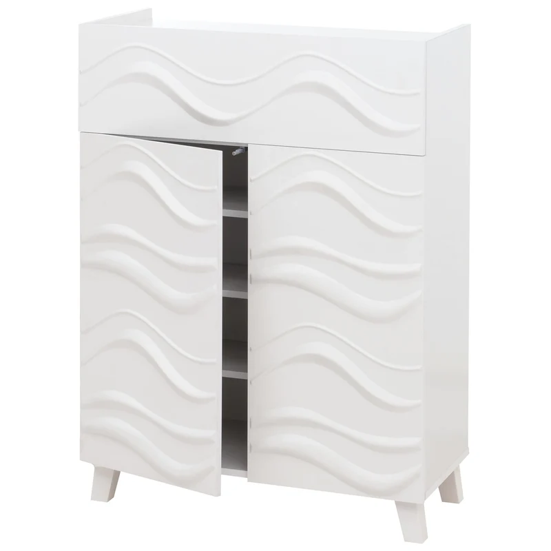 Commode buffet armoire de rangement design vague 3D portes push-to-open étagères et tiroir 107 x 76 x 36 cm bois d’hévéa blanc 04_0009823