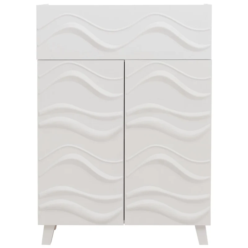 Commode buffet armoire de rangement design vague 3D portes push-to-open étagères et tiroir 107 x 76 x 36 cm bois d’hévéa blanc 04_0009823