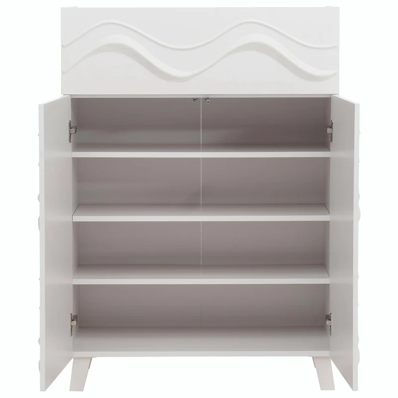 Commode buffet armoire de rangement design vague 3D portes push-to-open étagères et tiroir 107 x 76 x 36 cm bois d’hévéa blanc 04_0009823