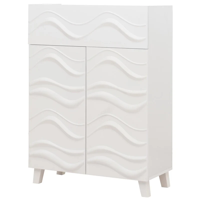 Commode buffet armoire de rangement design vague 3D portes push-to-open étagères et tiroir 107 x 76 x 36 cm bois d’hévéa blanc 04_0009823