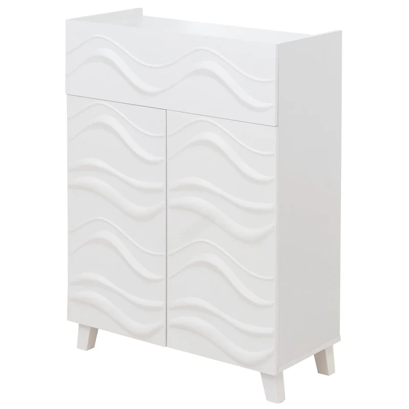 Commode buffet armoire de rangement design vague 3D portes push-to-open étagères et tiroir 107 x 76 x 36 cm bois d’hévéa blanc 04_0009823