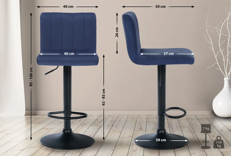 Tabouret de bar x1 pivotant hauteur réglable assise surpiqué en velours bleu et métal noir 10_0005000