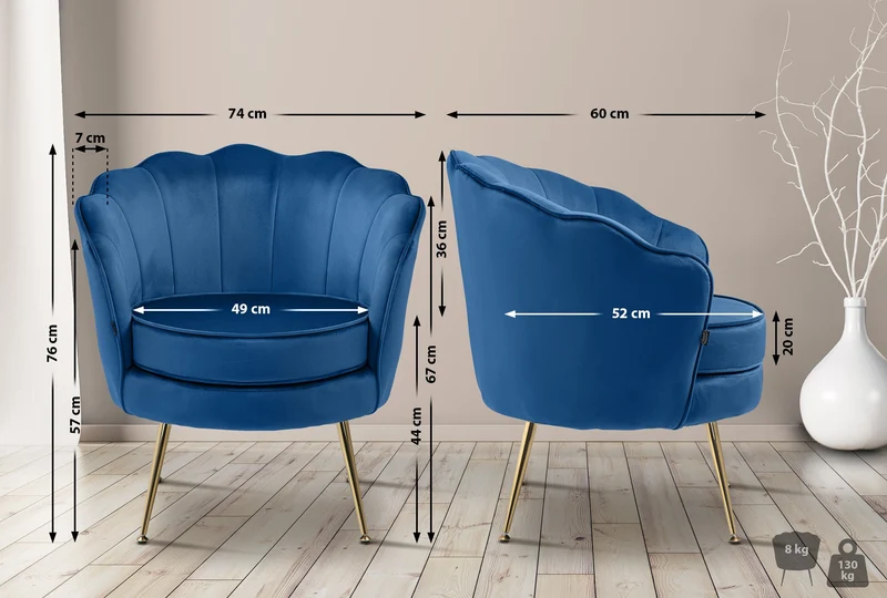Fauteuil lounge chaise de chaise rembourrée avec coutures décoratives revêtement en velours bleu et pieds métal doré FAL101553