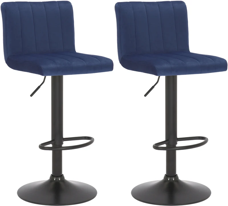 Lot de 2 tabourets de bar pivotant hauteur réglable assise surpiqué en velours bleu et métal noir 10_0004224