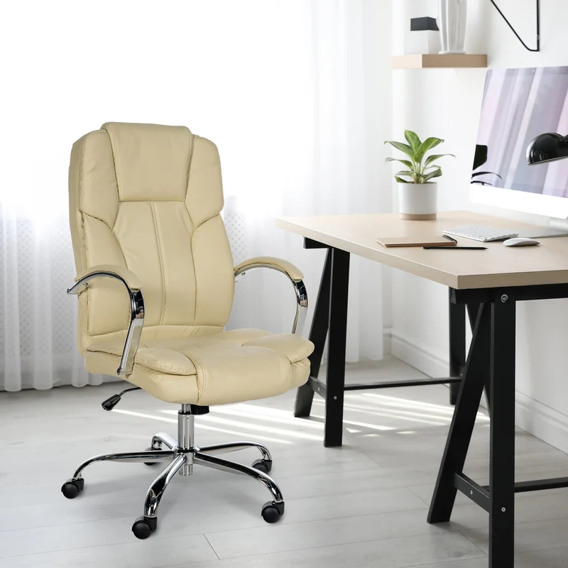 Fauteuil de bureau sur roulettes largeur d'assise XXL en PVC crème et métal chromé 10_0002415