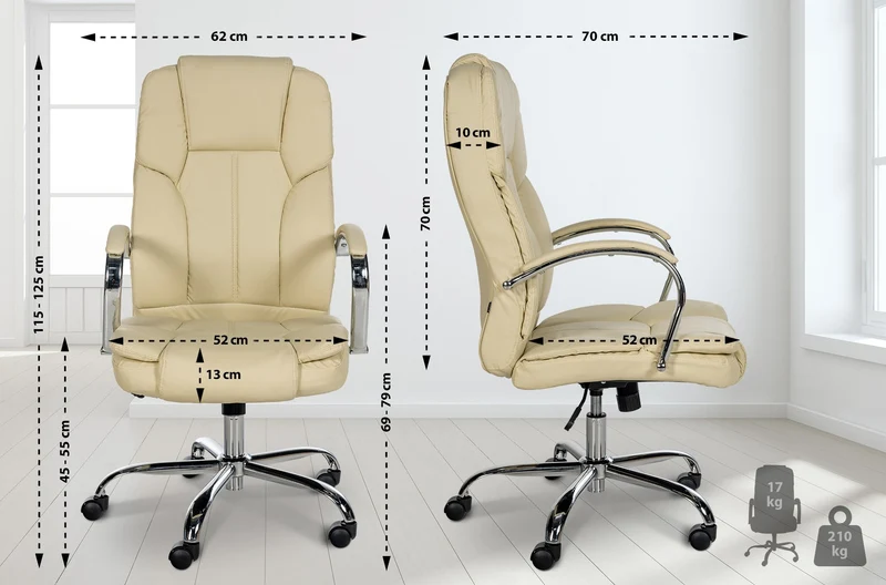 Fauteuil de bureau sur roulettes largeur d'assise XXL en PVC crème et métal chromé 10_0002415