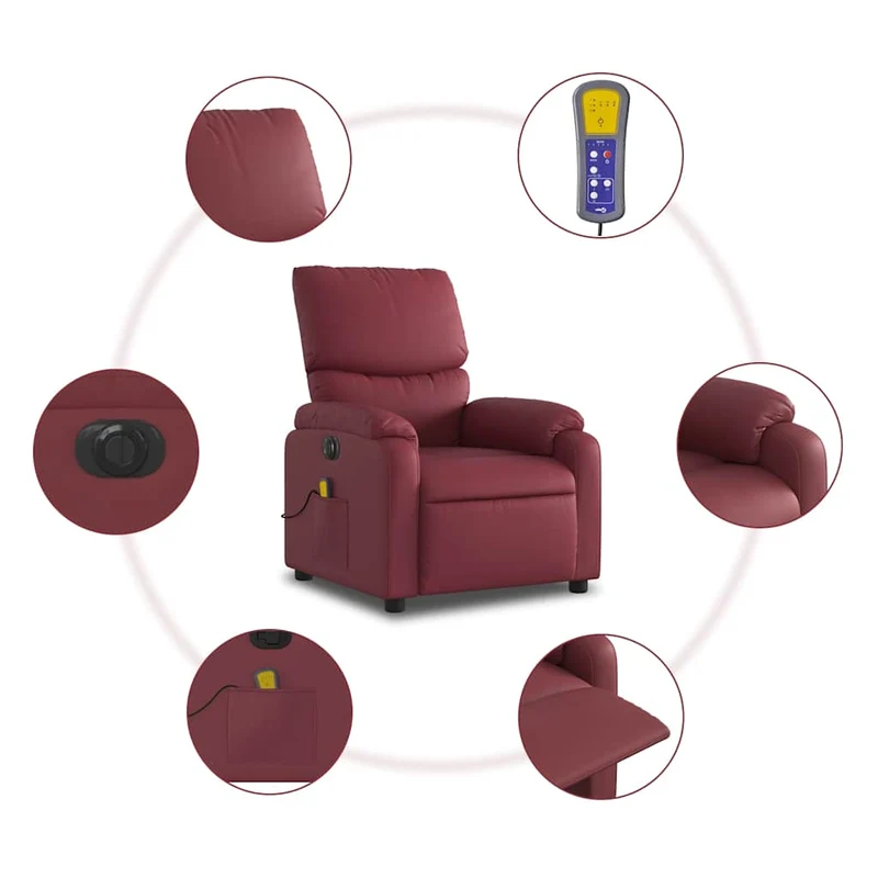 Fauteuil de relaxation TV fonction massage inclinable électrique 6 points de massage en PVC rouge bordeaux DEC027246