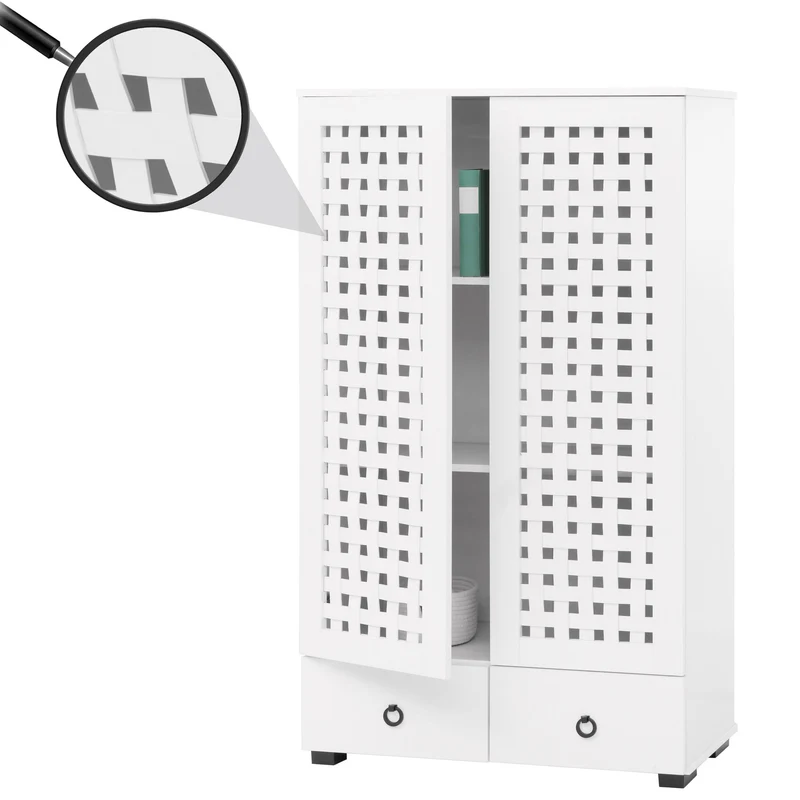 Armoire avec 2 portes design tressé 3D 2 tiroirs Soft-Close 3 compartiments style moderne 138x80x36 cm MDF blanc 04_0009817