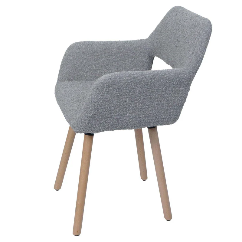Chaise de salle à manger avec accoudoirs style moderne en tissu bouclé gris et pieds en bois de hêtre 04_0009859