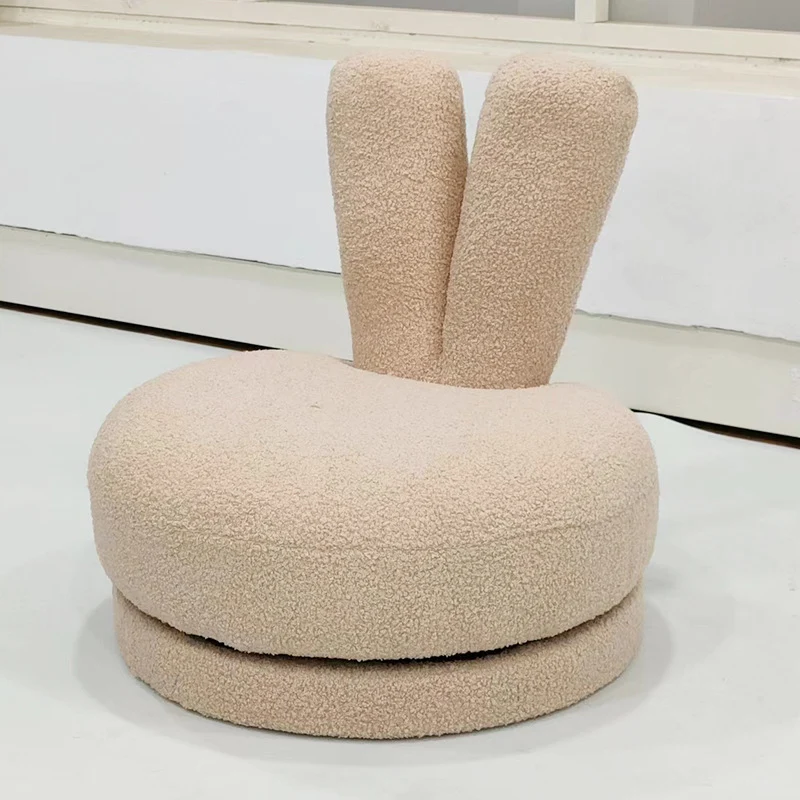 Modern Minimalist Kids Sherpa Fabric Pine Wood Round Bunny-Ear Low Stool With Backrest For Living Room