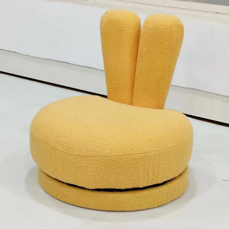 Modern Minimalist Kids Sherpa Fabric Pine Wood Round Bunny-Ear Low Stool With Backrest For Living Room