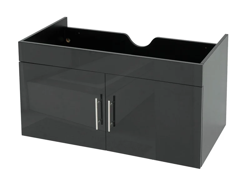 Meuble sous-vasque 90 cm meuble de salle de bain suspendu avec 2 portes et étagère réglable MDF noir brillant 04_0010535