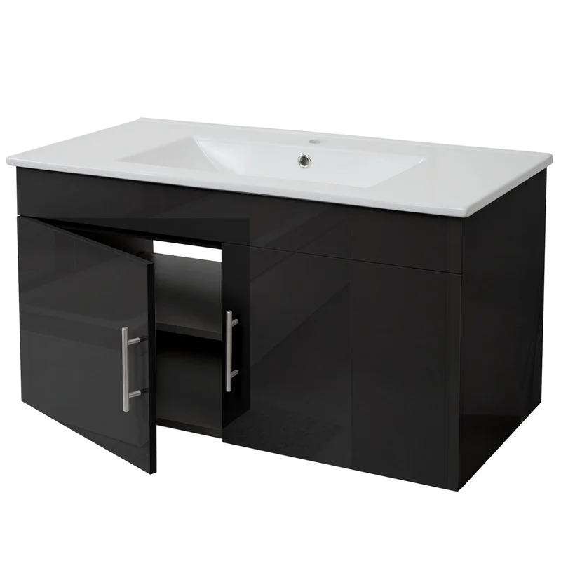 Meuble sous-vasque 90 cm meuble de salle de bain suspendu avec 2 portes et étagère réglable MDF noir brillant 04_0010535