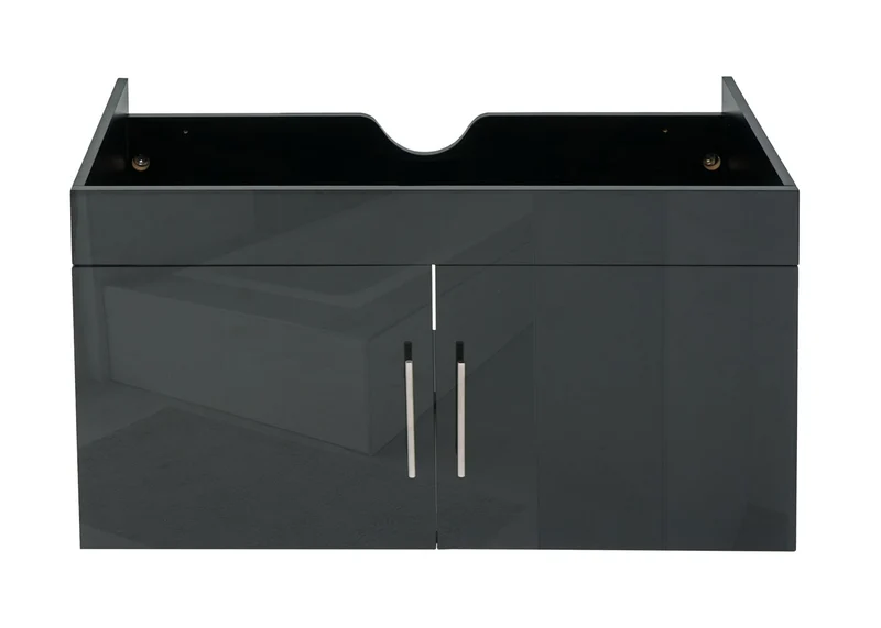 Meuble sous-vasque 90 cm meuble de salle de bain suspendu avec 2 portes et étagère réglable MDF noir brillant 04_0010535