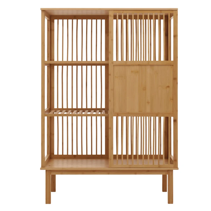 Étagère sur pied en bambou style intemporel 115x80x45 cm avec porte coulissante 3 étagères bambou verni 04_0009777