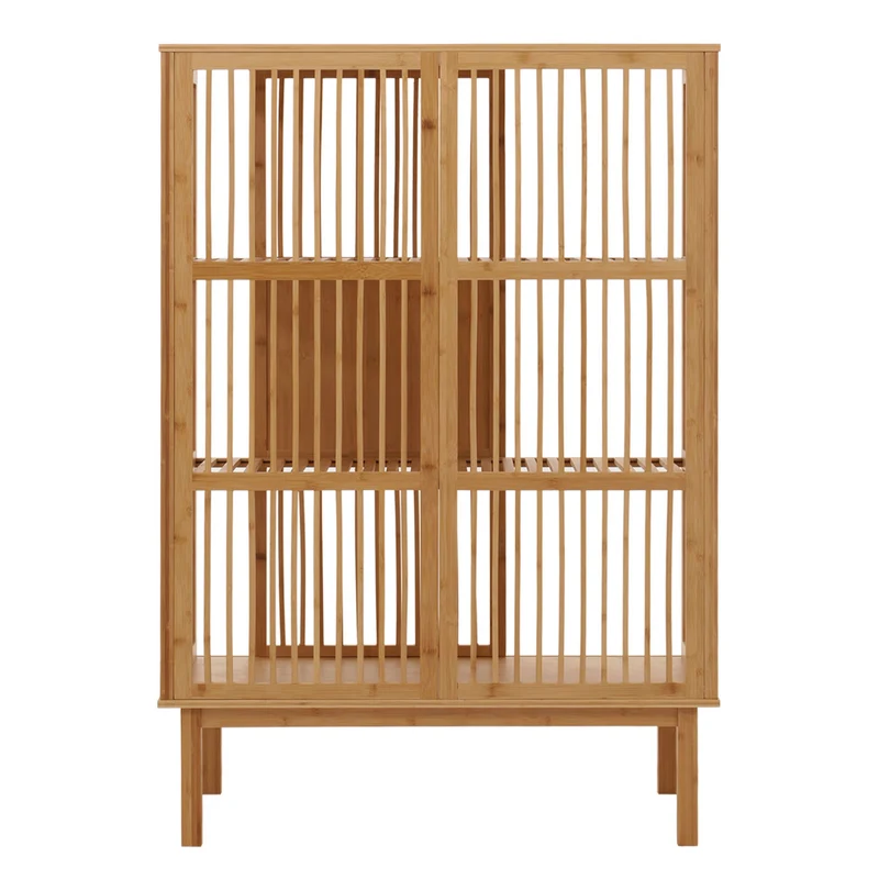 Étagère sur pied en bambou style intemporel 115x80x45 cm avec porte coulissante 3 étagères bambou verni 04_0009777