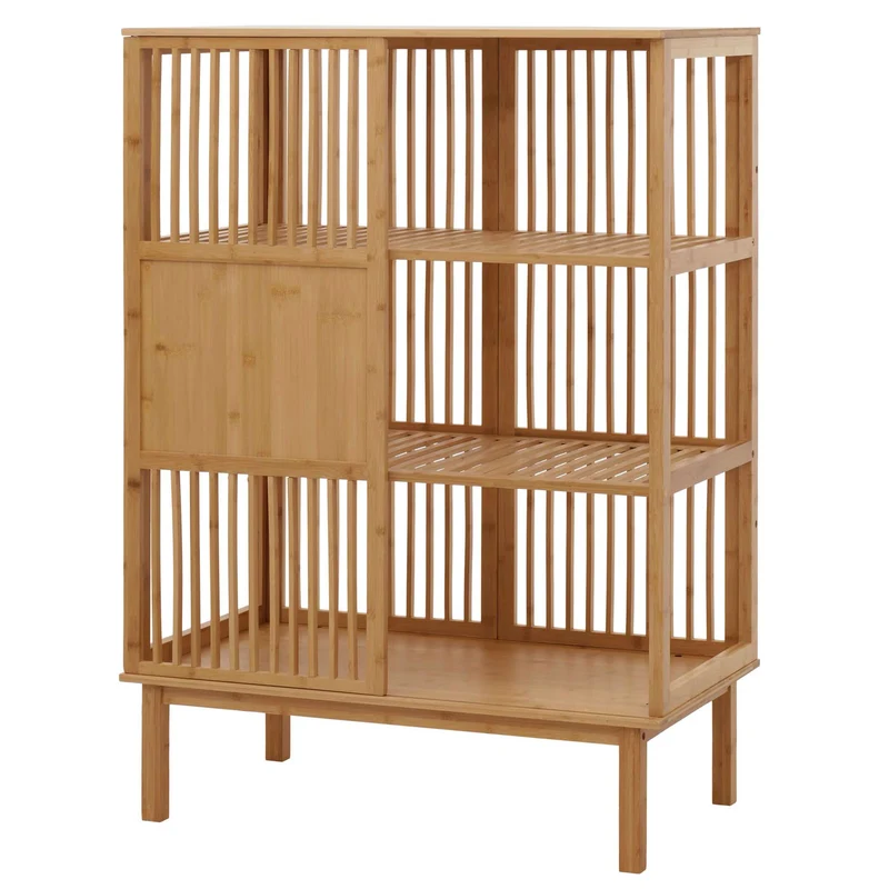 Étagère sur pied en bambou style intemporel 115x80x45 cm avec porte coulissante 3 étagères bambou verni 04_0009777