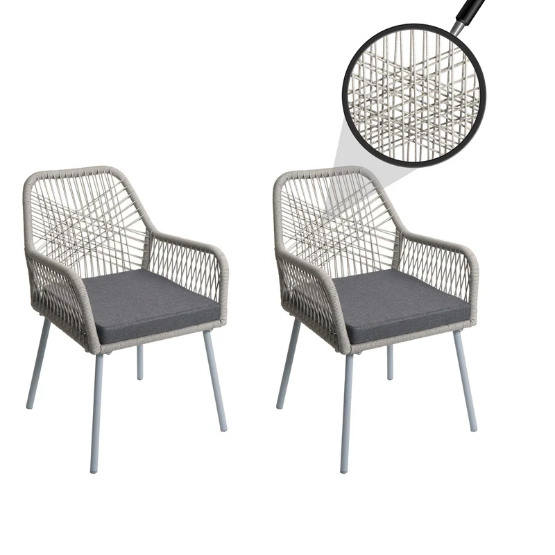 Lot de 2 chaises de jardin motif graphique aéré en aluminium gris corde tressée et coussins gris foncé inclus 04_0009691