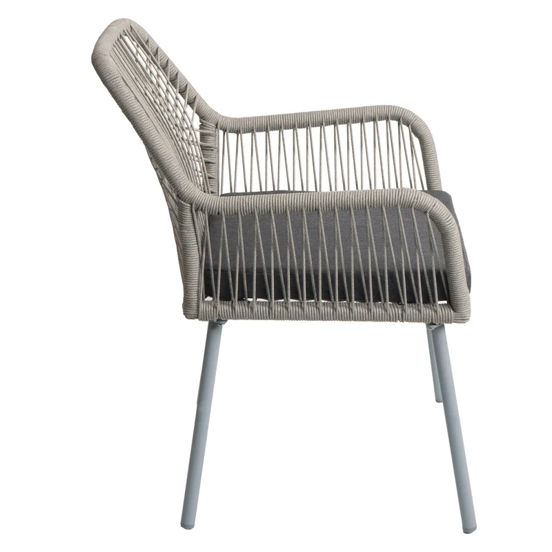 Lot de 2 chaises de jardin motif graphique aéré en aluminium gris corde tressée et coussins gris foncé inclus 04_0009691